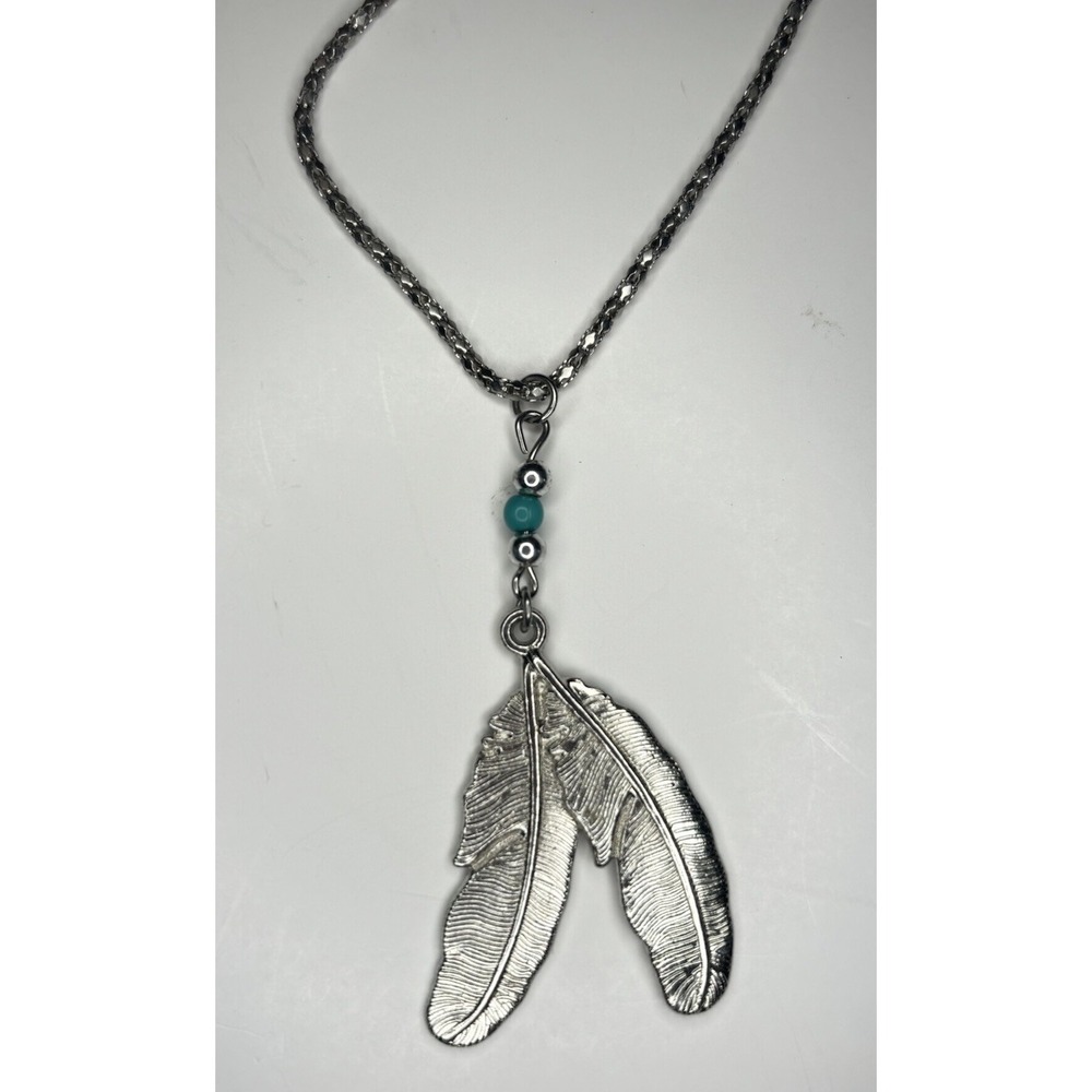 Southwestern Double Feather Pendant Necklace Silver Tone Turquoise Bead Boho 18"